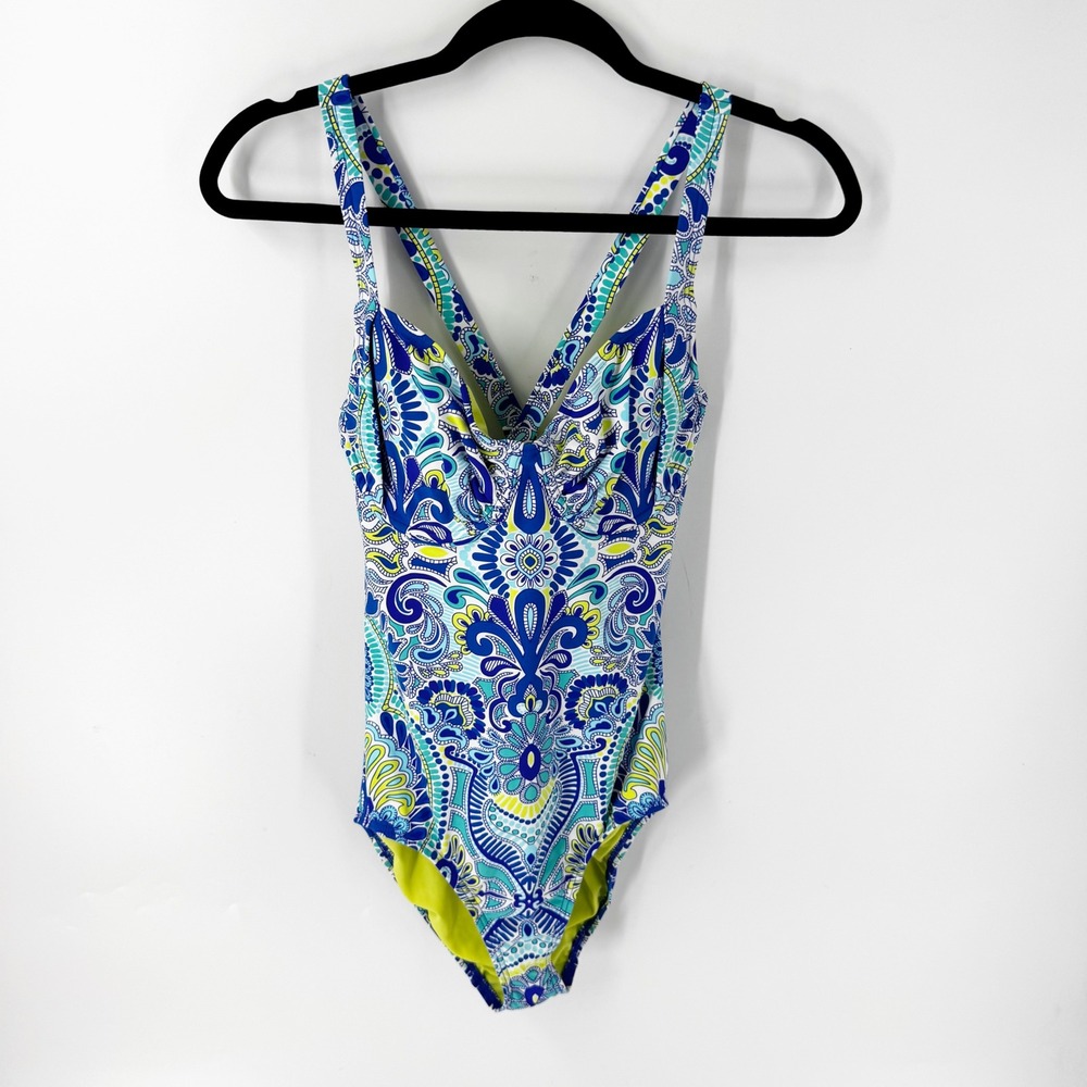 Title Nine Womens Blue Paisley Underwire One Piece Swimsuit 32D Crisscross Strap